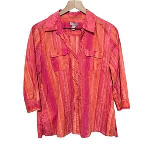Chicos Blouse Womens M Red Pink Striped Button Up 3/4 Sleeve Shirt Collared 1